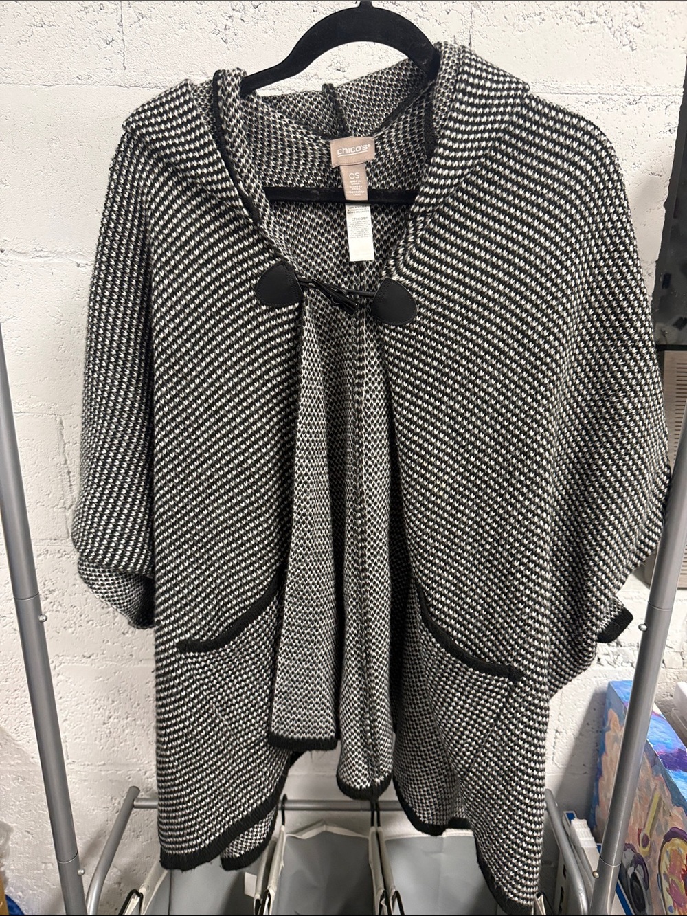 CHICOS One Size Black & White Hooded Knit Poncho with Toggle Clasp Front - Knit